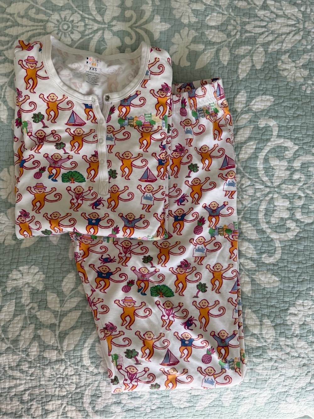 Roller Rabbit White Pajama Set with Orange Monkey Print and Multicolor Accents